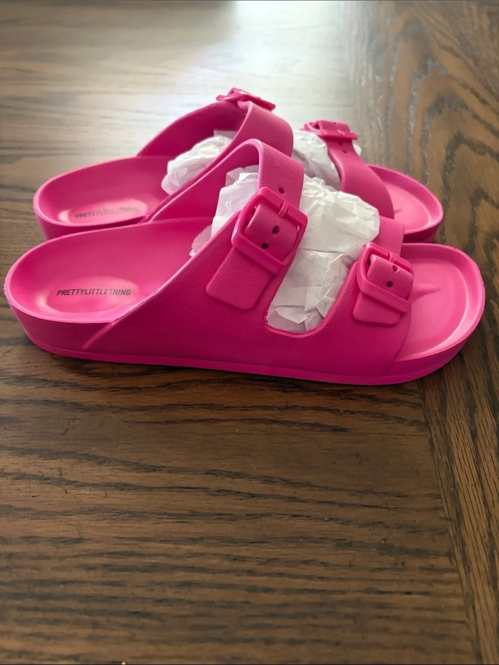 PrettyLittleThing Neon Pink Double Buckle Slide Sandals Size 6 but fits a 7